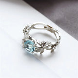 Mqtime Creative Crystal Aquamarine Leaf Branch Ring for Women Fashion Design Zircon Hollowed Silver Finger Rings Jewelry Wholesale