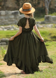 MQTIME  -  Bohemian Style Summer New Solid Color Backless Short Sleeved Ruffled Irregular Skirt Hem Fashionable and Atmospheric Dress
