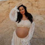 MQTIME  -  Pregnant Women Photo Shoot Dress Elegance 2 Piece Set Lace Boho Dress Bohemian Maternity Gown Baby Shower Dress