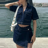 MQTIME  -  High Street Lapel V Collar Blouse&Mini Skirt Denim Suit 2YK Style Short Sleeve Denim Two Piece 2025 Women Fashion Dresses Set