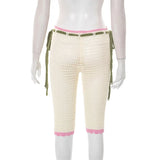 MQTIME  -  Women's Knitted Hollow Pants 2025 Fall New Casual Side Bandage Ruffles Hem Capri Straight Leg Trousers Holiday Beach Streetwear
