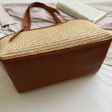  MQTIME  -  Women's Khaki Straw Weave Leather Patchwork Tote Bag Vacation Casual Aesthetic Beach Daily Shoulder Handbag Summer Trend