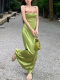 MQTIME  -  Sexy Designer Summer Green Satin Holiday Long Dress French Women Spaghetti Strap Embroidery Flower Backless Slim Robe 2025