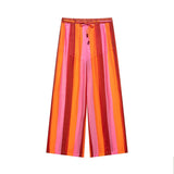  MQTIME  -  Color Vertical Stripe Women Wide Leg Pants Elastic Drawstring Waist Bead Pendant Lightweight Sheer Loose Full Length Casual Pant