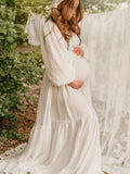  MQTIME  -  Maternity Photoshoot Outfit V-Neck Long-Sleeved Sexy Wrap Top Side-Slit Long Skirt Set Pregnant Woman For Baby Shower