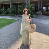 MQTIME  -  Green Tie-dye Mesh Suspender Dress Women's Summer High-end Seaside Vacation Slim-fitting Hip-wrapped Dress