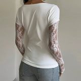 MQTIME  -  Fashion White Lace Patchwork Tops Women O-Neck Fake Two-Piece Long Sleeves Casual Daily Date Commute T-shirts Spring