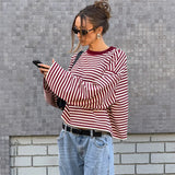 MQTIME  -  Fall Women's Stripe Loose Casual T-shirt O-Neck Long Sleeve Contrast Color Patchwork Straight Fit Top Fashion Streetwear