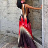 MQTIME  -  Sexy Halter Sleeveless Gradient Long Dress Elegant Swinging Collar Pleated Evening Dresses Temperament Backless Lace Up Dresses