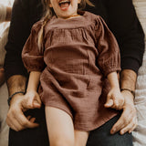  MQTIME  -  French Round Neck Pleated Cotton Crepe Muslin Dress Girls Autumn New Casual Loose Retro Brown Children's Dresses