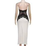 ﻿ MQTIME  -  Patchwork Lace Maxi Dress Women Sleeveless o-Neck Halter Backless Fashion See Through Skinny Elegant Prom Party Vestidos
