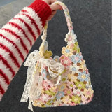  MQTIME  -  Colorful Flower Crochet Tote Bag, Handmade Knitted Shoulder Bag, Lightweight Summer Beach Travel Handbag For Women Vacation