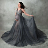 MQTIME  -  Grey A Line Evening Dresses for Pregnant Women V Neck Sleeveless Maternity Photoshoot Robes See Thru Backless Baby Shower Gowns