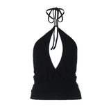 MQTIME  -  Woman Sexy Metal Buckle Detail Hollow Backless Halter Top Black Tanks & Camis Sexy Summer Deep V Neck Crop Tops