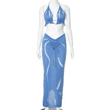 MQTIME  -  Summer Fashion Women's Sexy Hollow Mesh Backless Top Pulling Rope Long Dress Elegant Sexy Party Dress Solid Color Blue Set