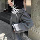 MQTIME  -  Women Grey Multi Strap Wide Waistband Pleated Trousers Wide Leg Double Drawstring Spring Summer Loose Baggy Casual Long Pants