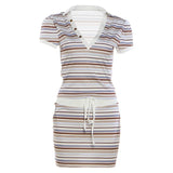 MQTIME  -  Striped Print Vintage Ribbed 2 Piece Set Women Sexy Turn Down Collar V-neck Short Sleeve T-shirts Tops + Drawstring Mini Skirts