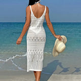 MQTIME  -  Coolgirlslook Sexy Crochet Knit Dress Women Spaghetti Strap Sheer Openwork Midi Beach Vacation Cover Up Hottie Vestidos