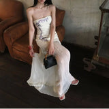 MQTIME  -  Gentle Floral Embroidery Strapless Maxi Dress Summer Slim Bodice Women Sheer Patchwork Vacation Wedding Guest Evening Long Dress