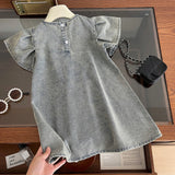 MQTIME  -  Korean Style Summer Girl's Denim Dresses 2-8Y Kid's Short Flare Sleeve Pleated Soft Denim Dress Children's Clothing