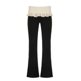 ﻿ MQTIME  -  Autumn Color Patchwork Lapel Waist Ruffles Slim Flare Pants Women Fashion Casual Streetwear Boot Cut Trousers All Matching