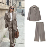 MQTIME  -  Women Casual Solid Suit Long Pants Sets Or Female Fashion Double-Breasted Lapel Blazers Coat Or Lady Chic Wide Leg Trousers