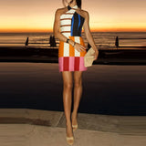 MQTIME  -  Backless Sexy Island Beach Mini Dress Casual Bohemian Slim Summer Coquette Short Dresses Blocking Color Lady Halter Tie Up Dress
