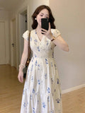 MQTIME  -  Dresses Women Sweet Floral Printed V Neck Short Sleeve Summer Fashion Elegant Dress Female Casual Temperament Chic