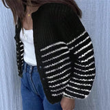  MQTIME  -  Autumn New Color Blocked Striped Cardigan Sweater Women's Round Neck Jacket