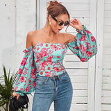 MQTIME  -  Women's sexy printed one-shoulder  autumn new long-sleeved temperament self-cultivation puff sleeve casual top women