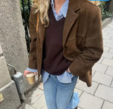 MQTIME  -  Autumn Winter Woomen Suede Jacket With Lapel Woman Casual Single Breasted Pocket Long Sleeve Short Coat Street Overcoat