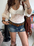 MQTIME  -  Y2k Lace Patchwork V Neck Short Sleeve Sheer Slim Sexy All Match Top Female