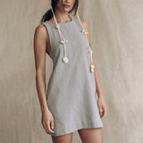 MQTIME  -  Cotton and Linen Short Dress Backless Solid Color Mini Dress Round Neck Open Back Beach Dress Boho Vestidos