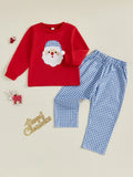MQTIME  -  Kids Christmas Outfit Santa Claus Printed Long Sleeve Hoodie Top and Plaid Elastic Waist Pants with Pockets 2Pcs Set for