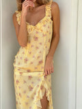  MQTIME  -  Summer Flower Print French Temperament Irregular Hem V Neck Sleeveless High Waist Dresses