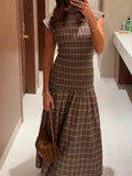 MQTIME  -  Vintage Grid Printed Slim Big Hem Dress Elegant O-neck Women Short Sleeve Party Dress Temperament High Waist Pleated Maxi Dress