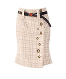 MQTIME  -   French design plaid special-shaped button skirt women's autumn new high-waisted irregular casual medium and long skirt