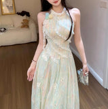 MQTIME  -  French Sweet Apricot Three-dimensional Flower Princess Sleeveless Dress Fairy Spring and Summer New Slim Waist Long Skirt Women