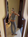  MQTIME  -  Chic Striped Kintted Long Pants Set Women Sexy Sleeveless Backless Halter Top Straight-leg Trousers Sets Lady Street Outfit