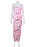 MQTIME  -  Women Cowl Neck Ruched Maxi Dress Spaghetti Strap Pink Rose Print Mesh Bodycon Vestidos Elegant Summer Party Night Out Dresses