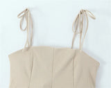 MQTIME  -  Women Fashion Brown Backless Bow Lace Up Side Zipper Camis Vintage Thin Straps Square Collar Female Chic Lady Tops