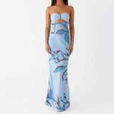 MQTIME  -  Flower Print Patchwork Strapless Evening Dress Lady Casual Off Shoulder High Waist Party Dress Elegant Backless Slim Long Dress
