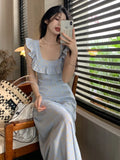 Mqtime Elegant Floral Sleeveless Long Dress Women Square Collar Ruffles Vocation Beach Slim Dresses Female Summer Vestidos Clothes