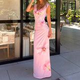 MQTIME  -  Leisure and fashionable sleeveless printed summer new long skirt with vacation style wavy collar pleated design slim fit dress