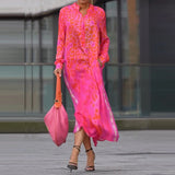 MQTIME  -  Sexy Leopard Printed Long Sleeve Vestidos Dress Fashion Stand Collar Loose Commute Robes Elegant Lady Pocket Side Split Dresses