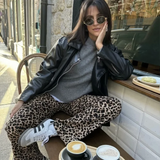 MQTIME  -  Women Animal Print Straight Leg Pants Fashion Slim Fit Trousers with Zipper Detail for Casual Streetwear