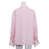 MQTIME  -  Striped Commuter French Shirt Women's Spring and Autumn New Printed Lapel Flared Sleeve Loose Pocket Shirt