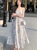 MQTIME  -  Elegant Princess Fairy Strap Print Dress for Women Summer Vintage Pearl Beading Sweet Midi Dresses Female Beach Evening Clothes