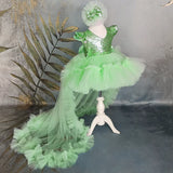 MQTIME Cyan Flower Girl Dresses Tulle With Bow And Tailing Short Sleeve For Wedding Birthday Party Banquet Princess Gowns