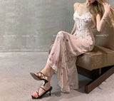 MQTIME  -  Sexy Pink Floral Printing Strap Mermaid Maxi Dress Women Lace Trim Summer V Neck Bow Slim Romantic Vacation Bag Hip Long Dress